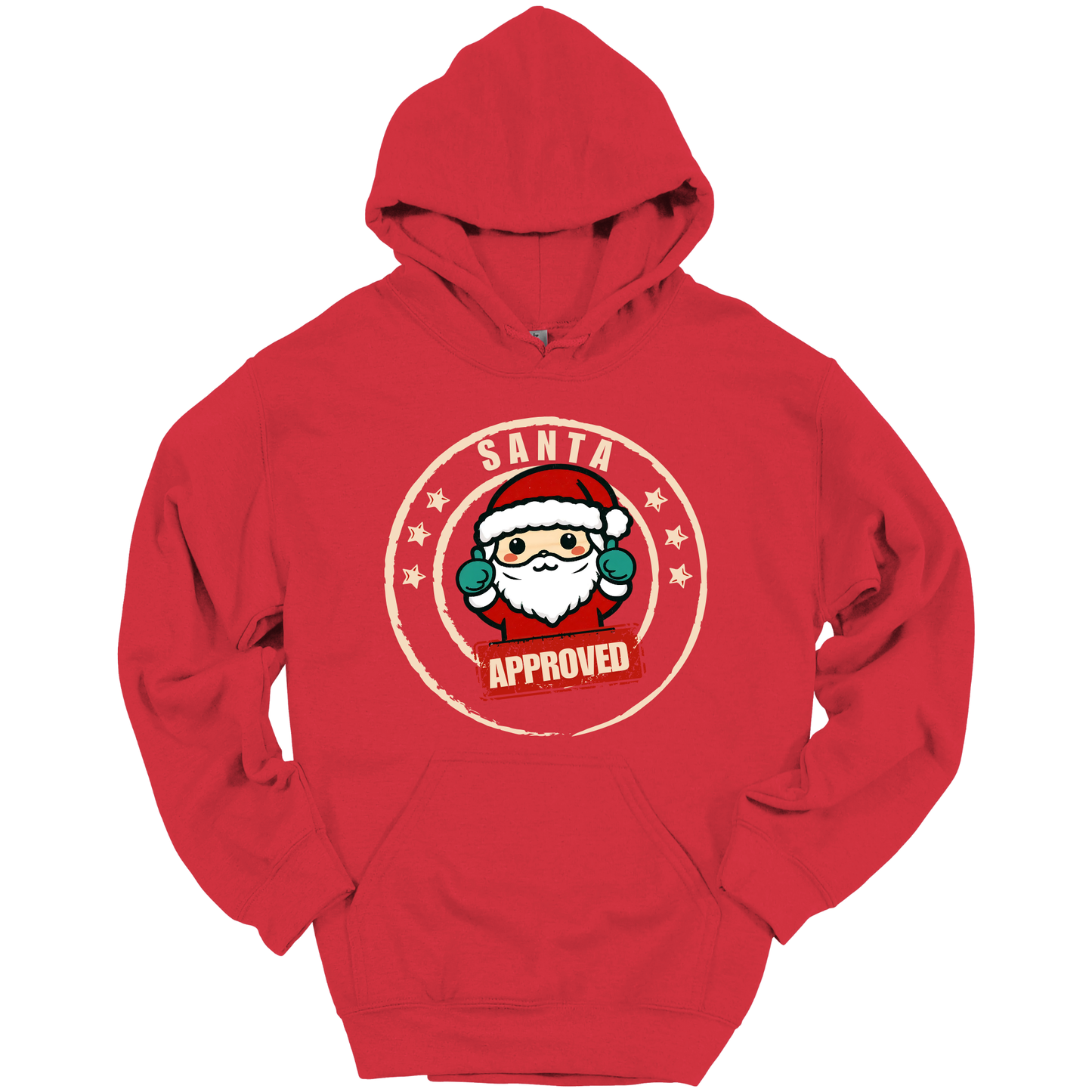 Red Christmas hoodie with a Santa Claus graphic and 'Approved' text.