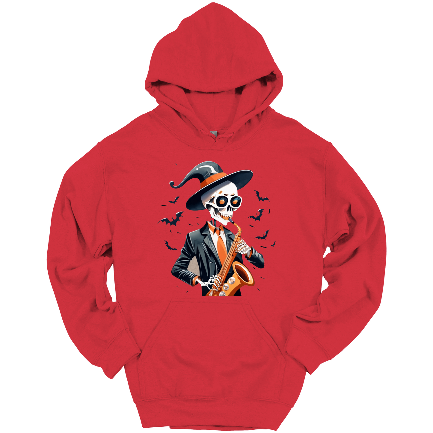 Red halloween hoodie with a skeleton playing a saxophone and wearing a witch hat, surrounded by bats.