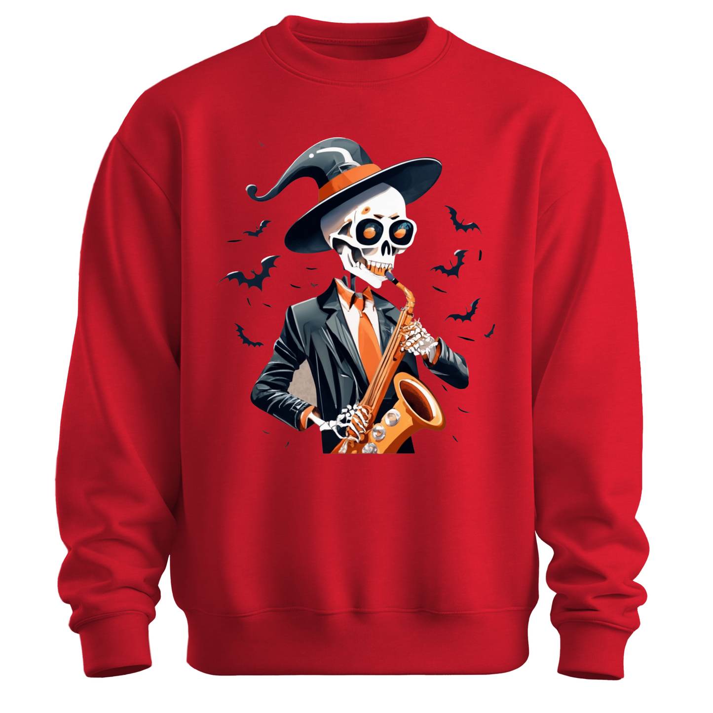 Red halloween sweatshirt with a skeleton playing a saxophone and wearing a witch hat, surrounded by bats.