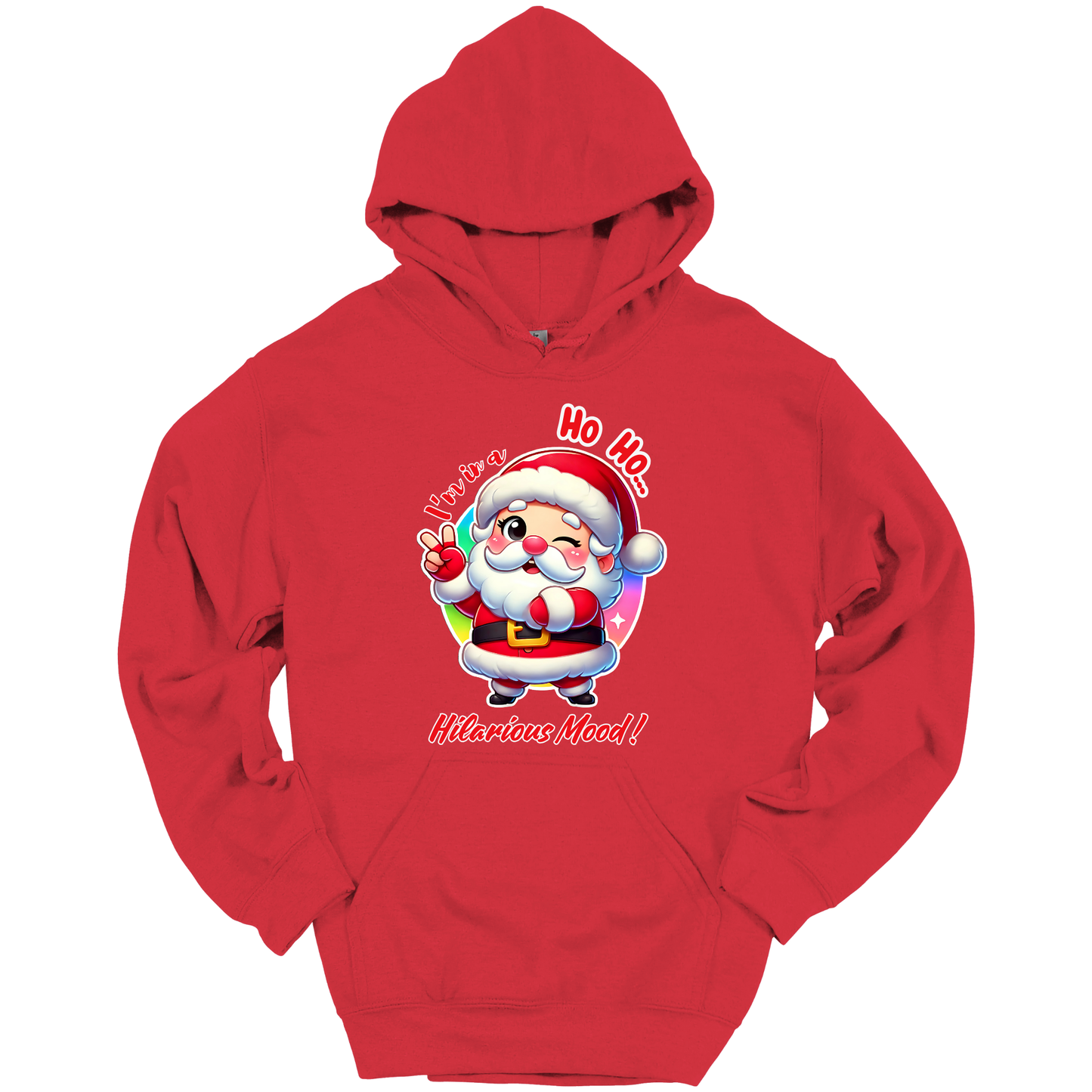 Red Christmas hoodie with a cartoon Santa Claus design