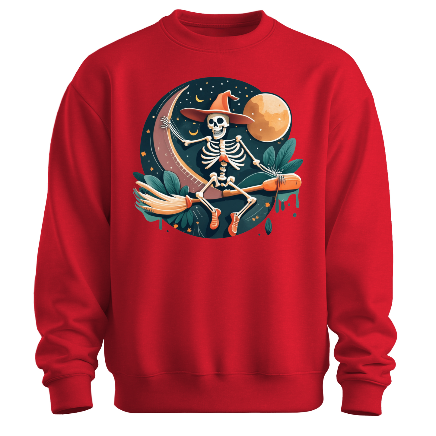 Red halloween sweatshirt with a skeleton on a broomstick wearing a witch hat in the night time.