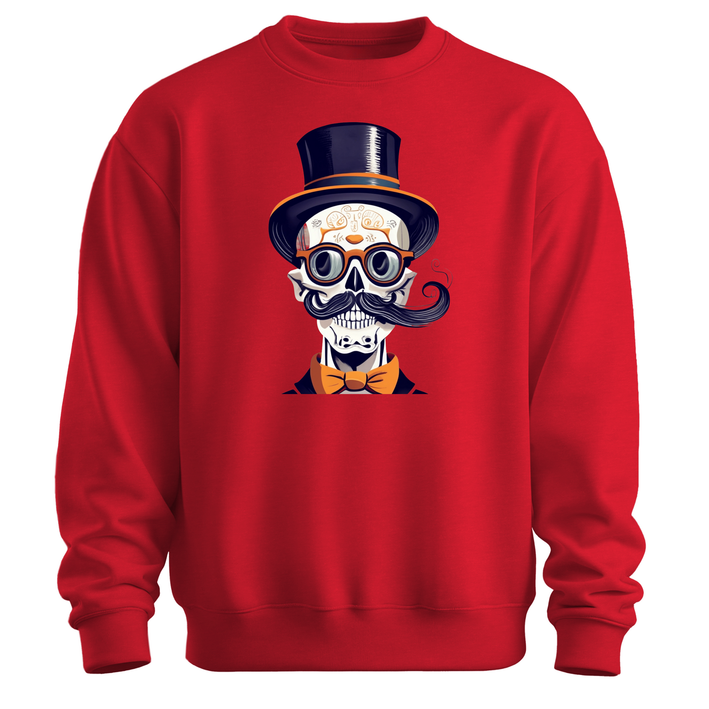 Red halloween sweatshirt with a skull wearing a top hat, glasses and a bow tie.