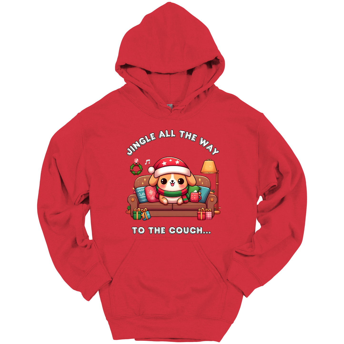 Red hoodie with Christmas-themed design of a dog on a couch and text 'Jingle all the way to the couch'.