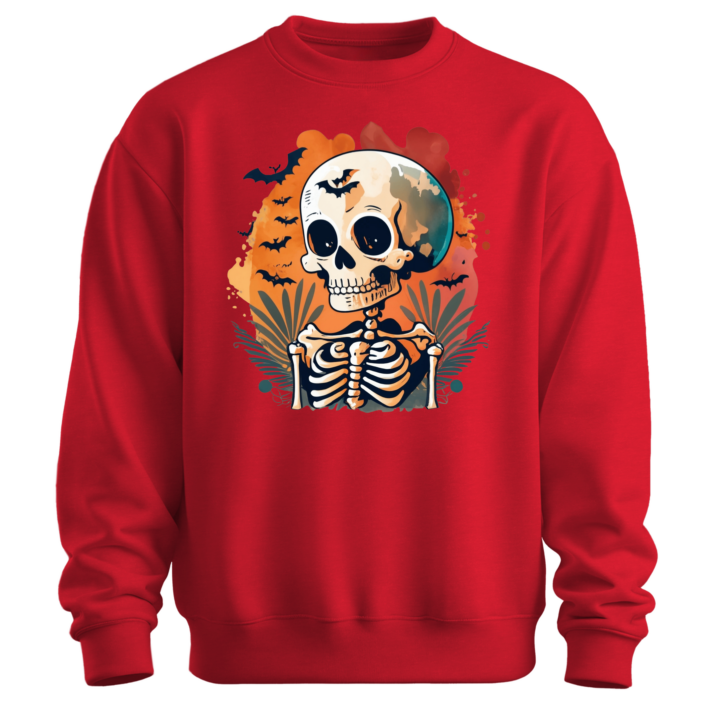 Red sweatshirt with a Halloween-themed design featuring a skeleton and skull surrounded with bats.