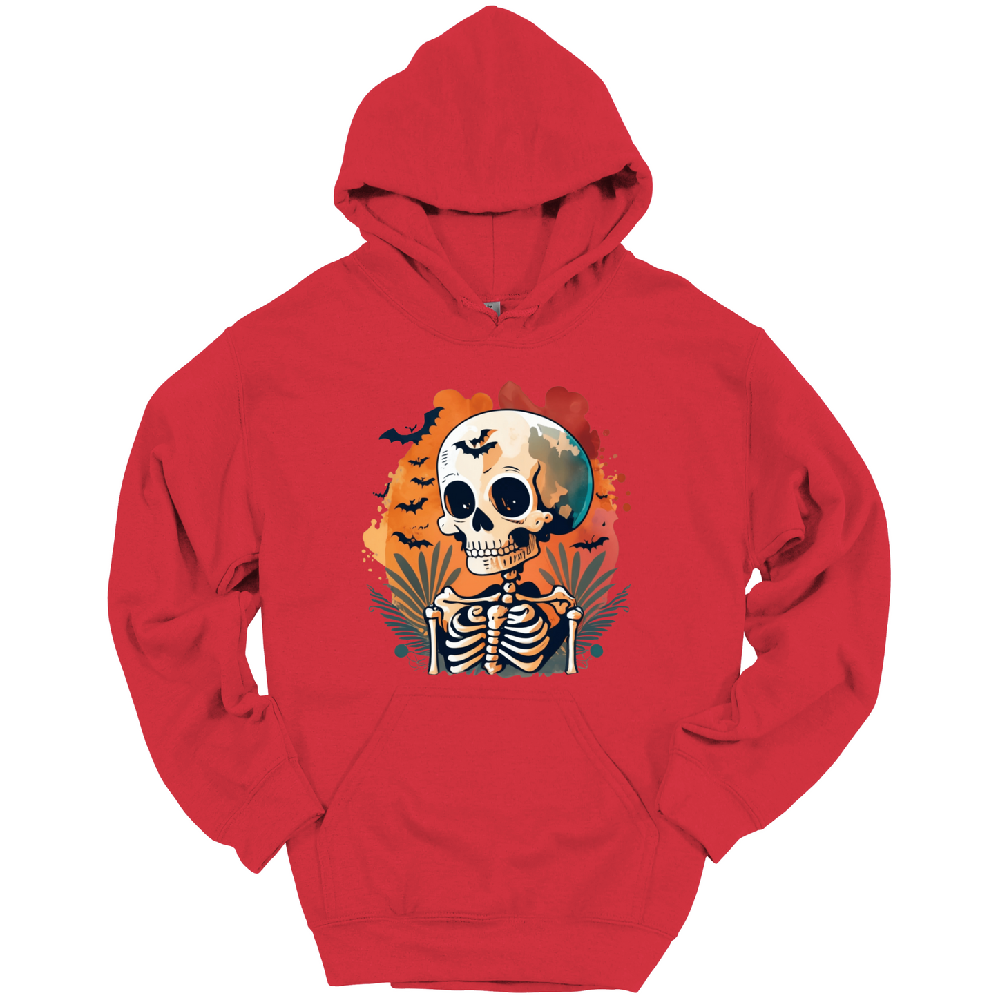 Red hoodie with a Halloween-themed design featuring a skull and skeleton surrounded with bats.