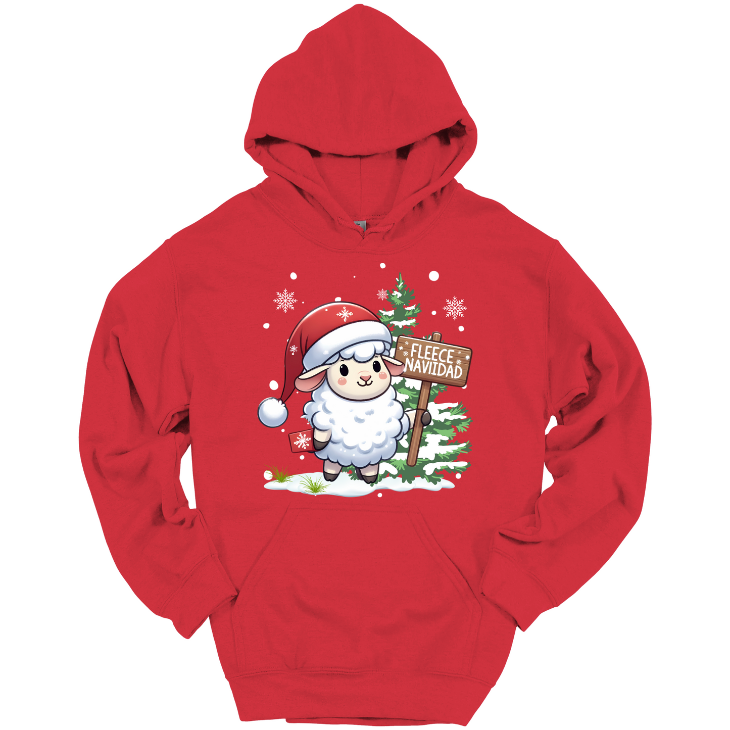 Red Christmas hoodie with a Christmas-themed design featuring a sheep in a Santa hat and a sign.