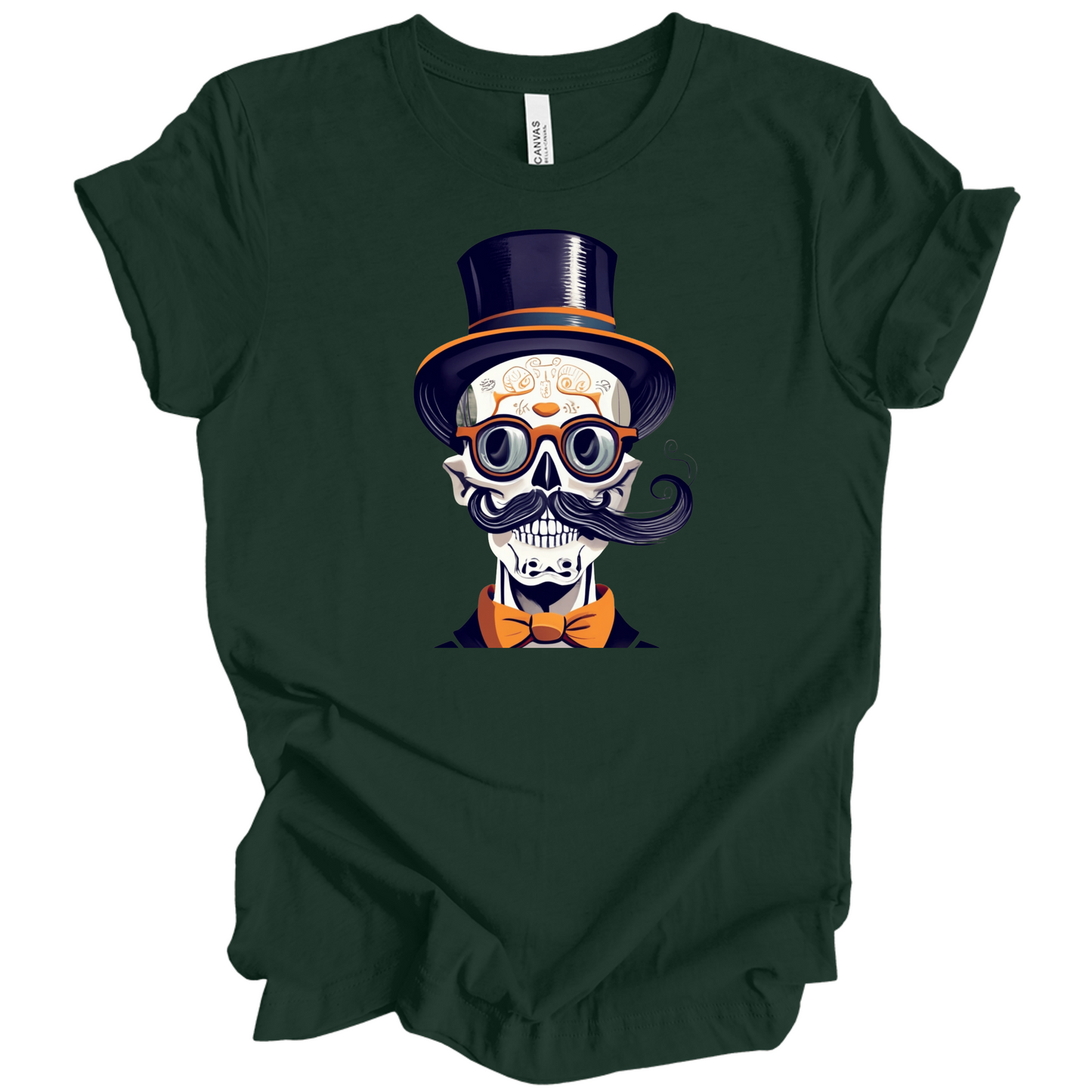 Dark green halloween t-shirt with a skull wearing a top hat, glasses, and bow tie.