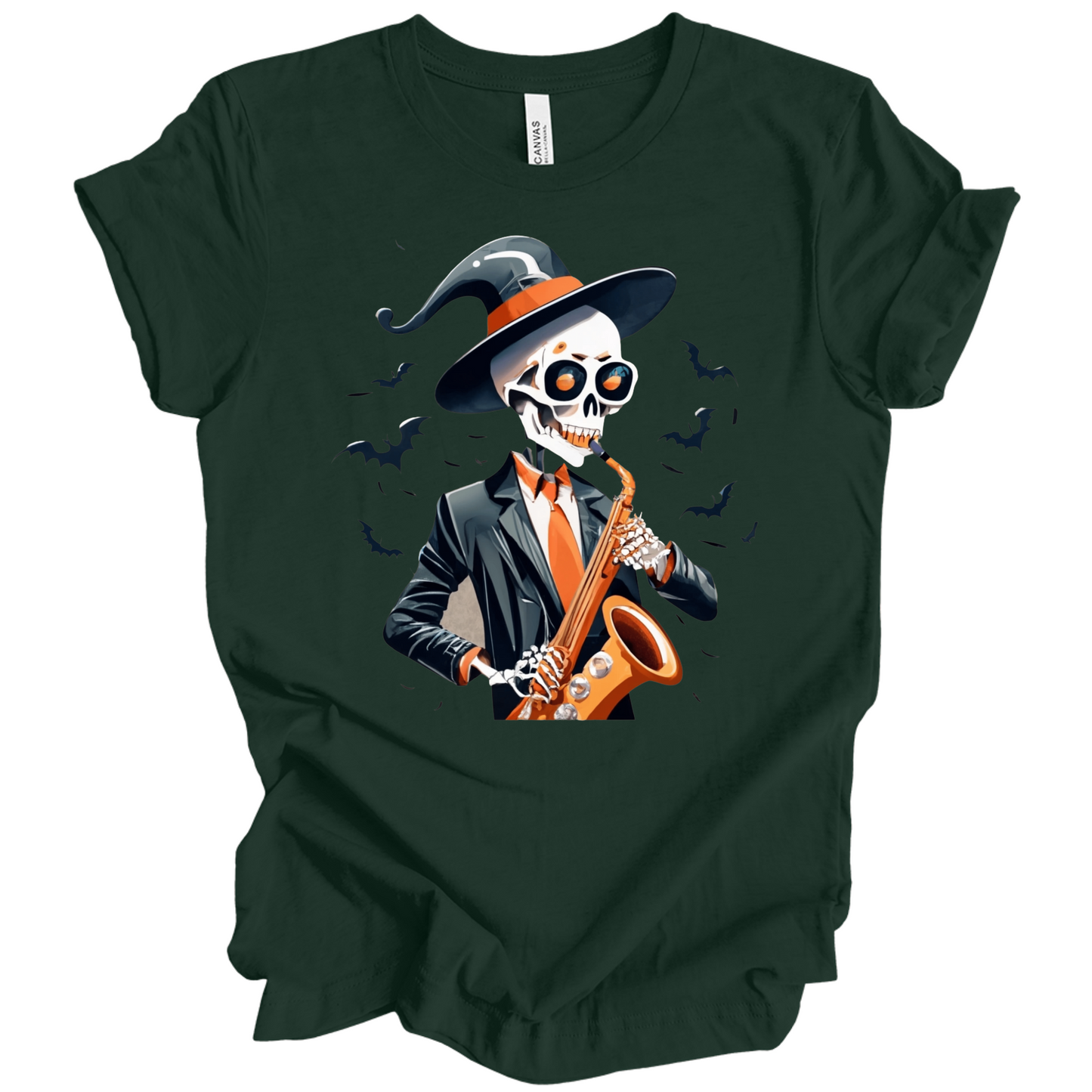 Green halloween t-shirt with a skeleton playing a saxophone and wearing a witch hat, surrounded by bats.