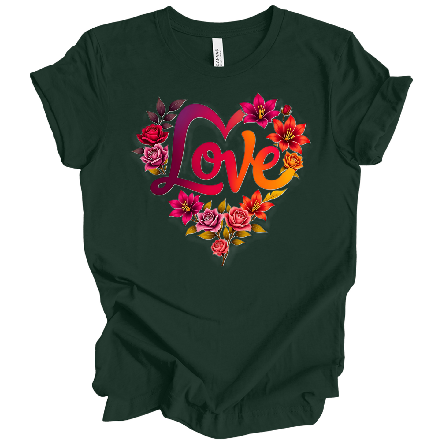 Forest Green colour valentines day t-shirt with the a design of 'Love' wording and surrounded floral design, front printed.
