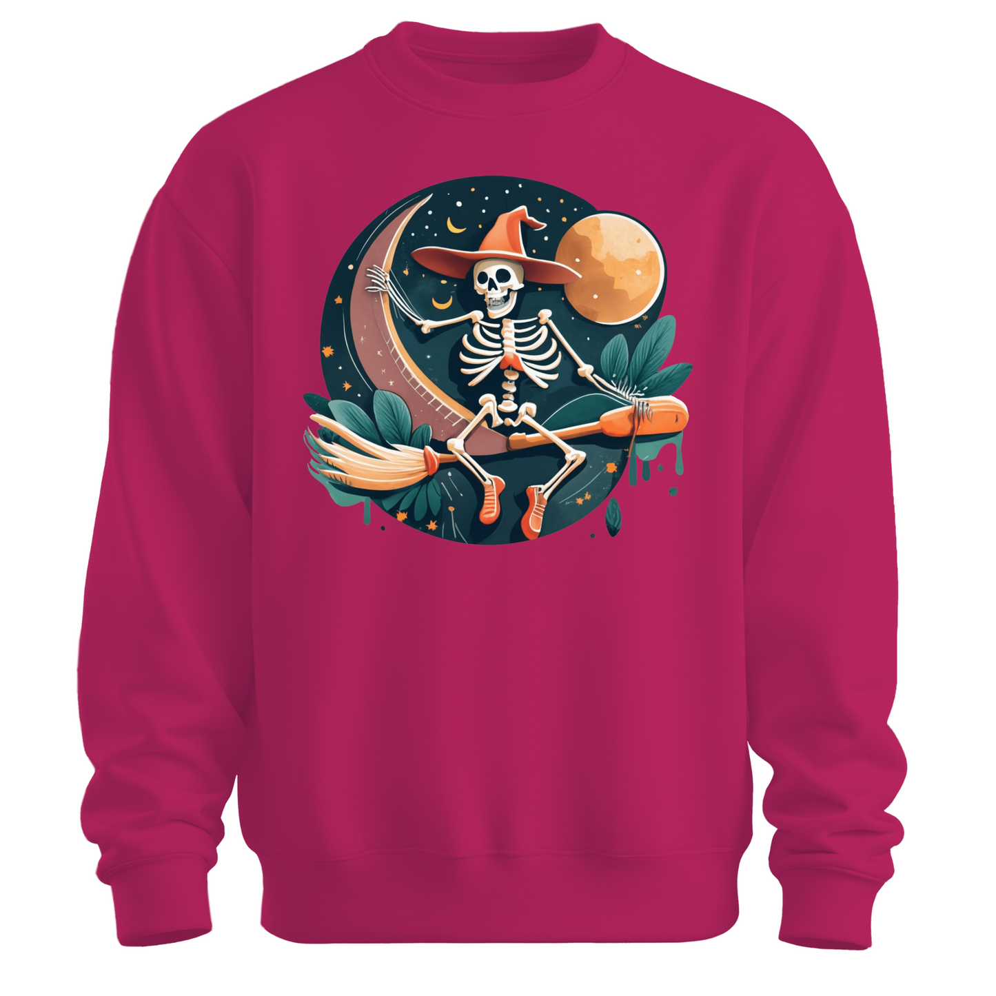 Pink halloween sweatshirt with a skeleton on a broomstick wearing a witch hat in the night time.