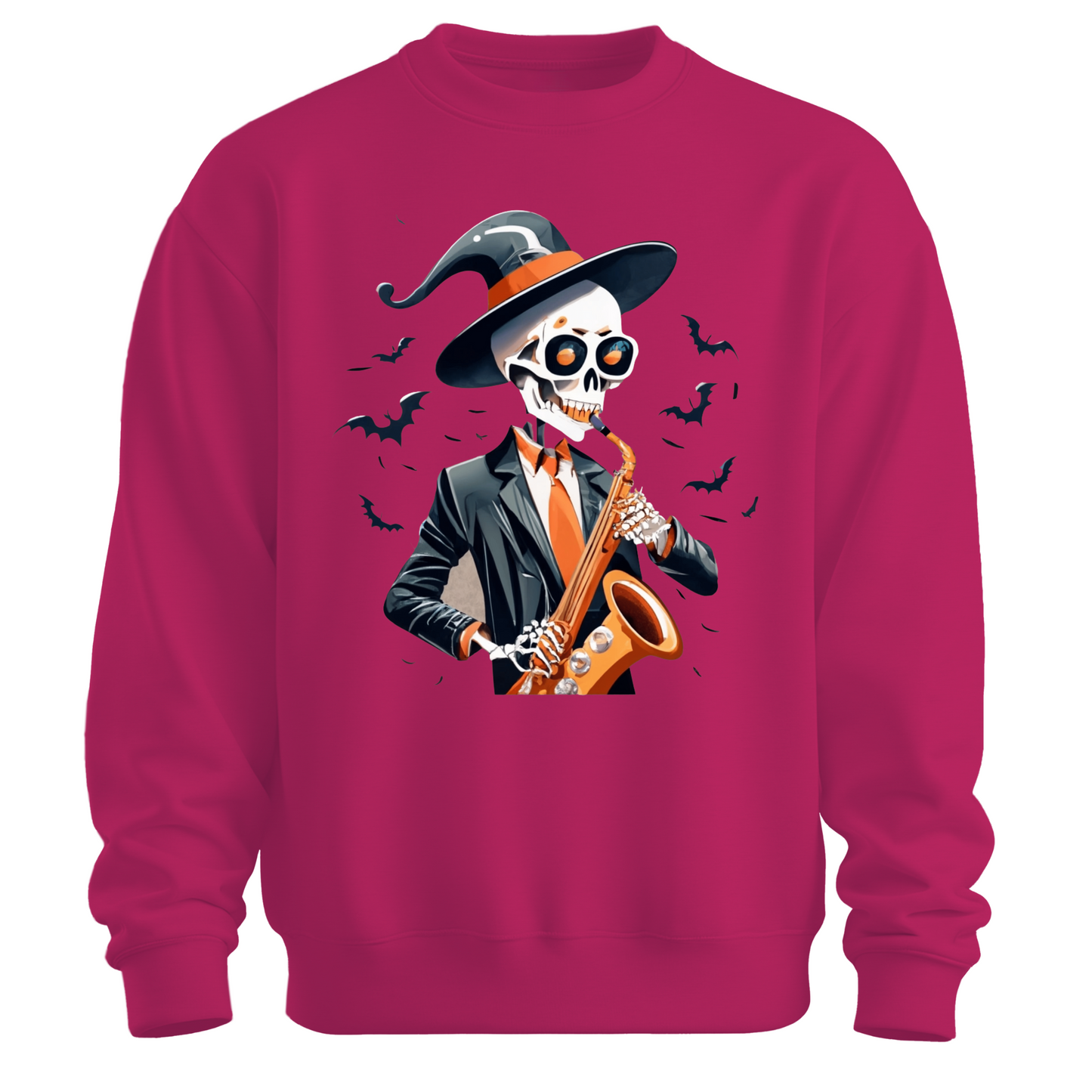 Pink halloween sweatshirt with a skeleton playing a saxophone and wearing a witch hat, surrounded by bats.
