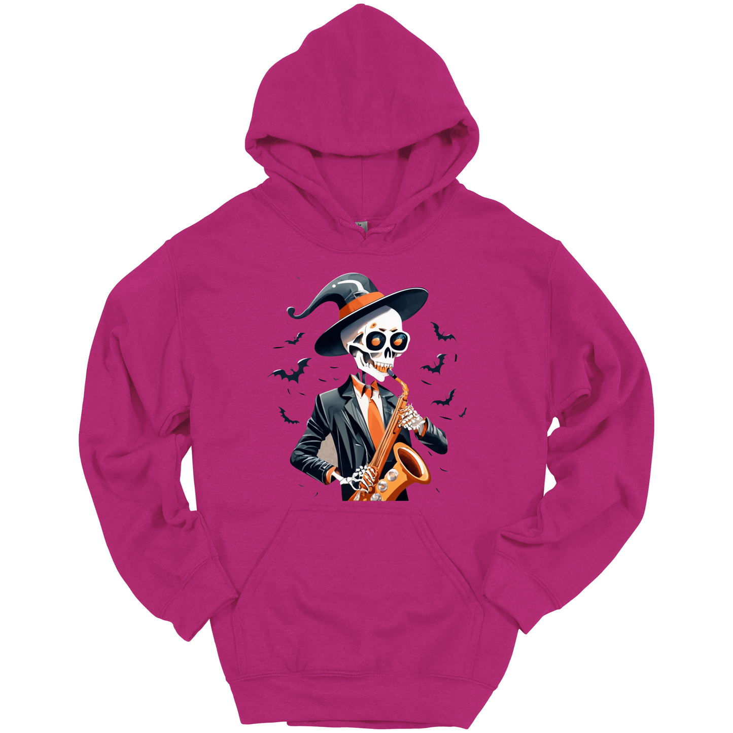 Pink halloween hoodie with a skeleton playing a saxophone and wearing a witch hat, surrounded by bats.