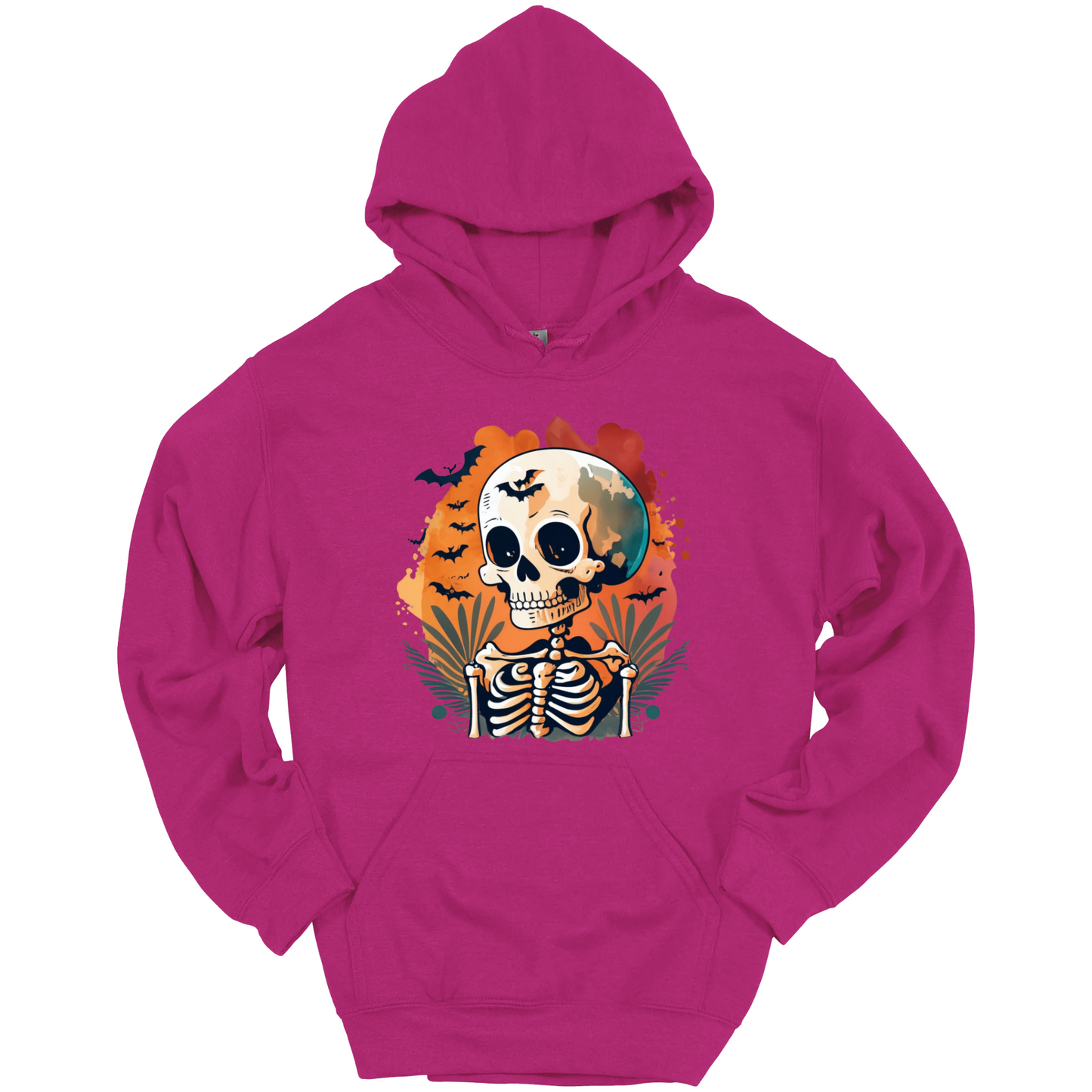 Pink hoodie with a Halloween-themed design featuring a skull and skeleton surrounded with bats.
