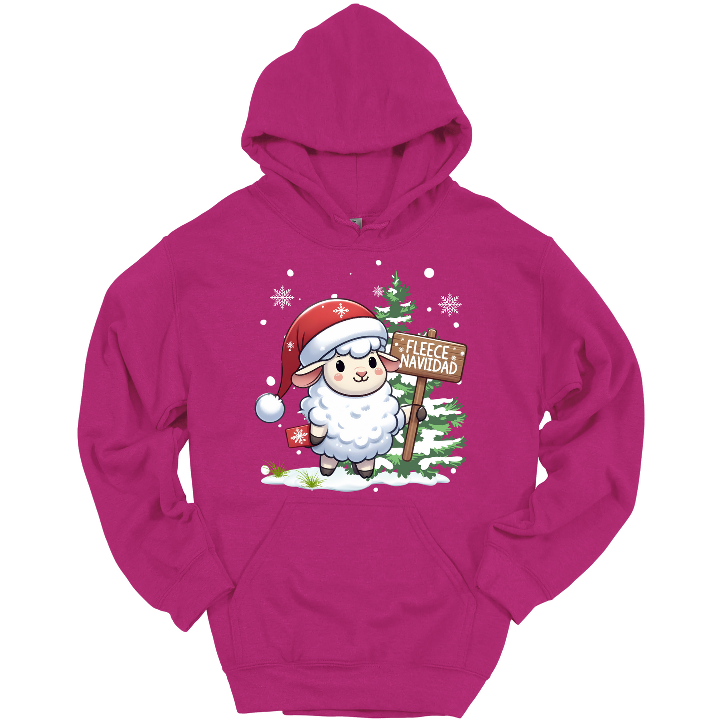 Pink Christmas hoodie with a Christmas-themed design featuring a sheep in a Santa hat and a sign.