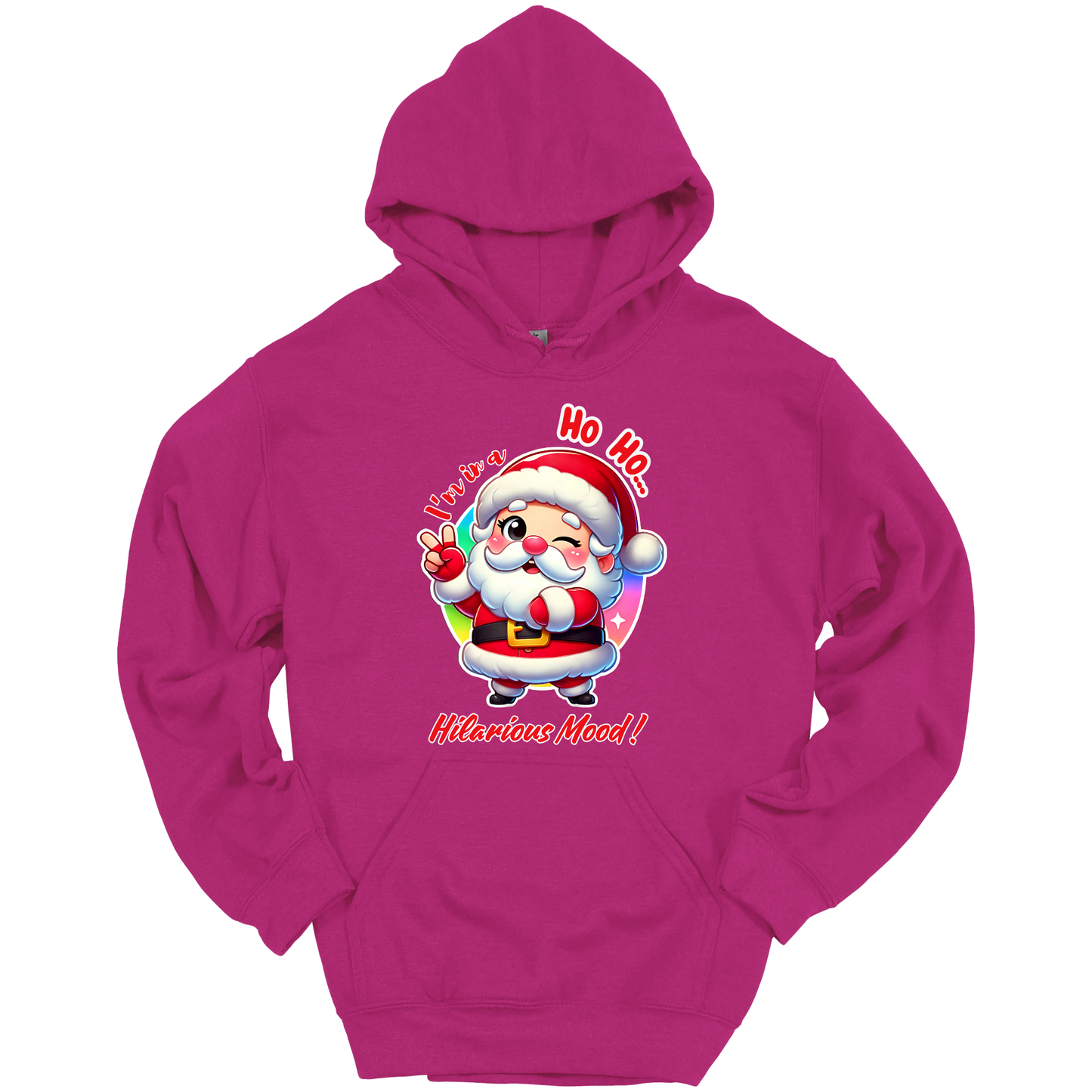 Pink Christmas hoodie with a cartoon Santa Claus design
