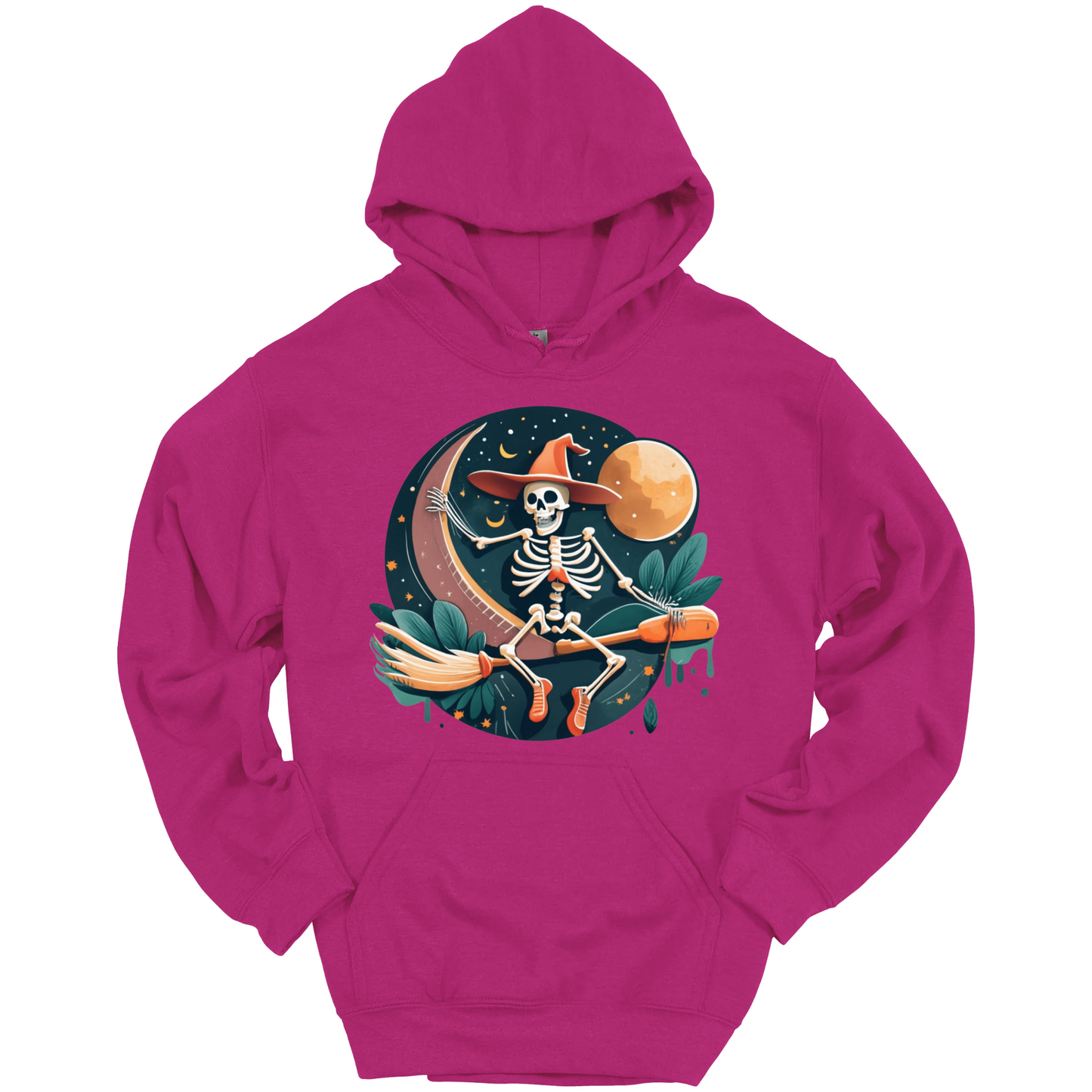 Pink halloween hoodie with a skeleton on a broomstick wearing a witch hat in the night time.