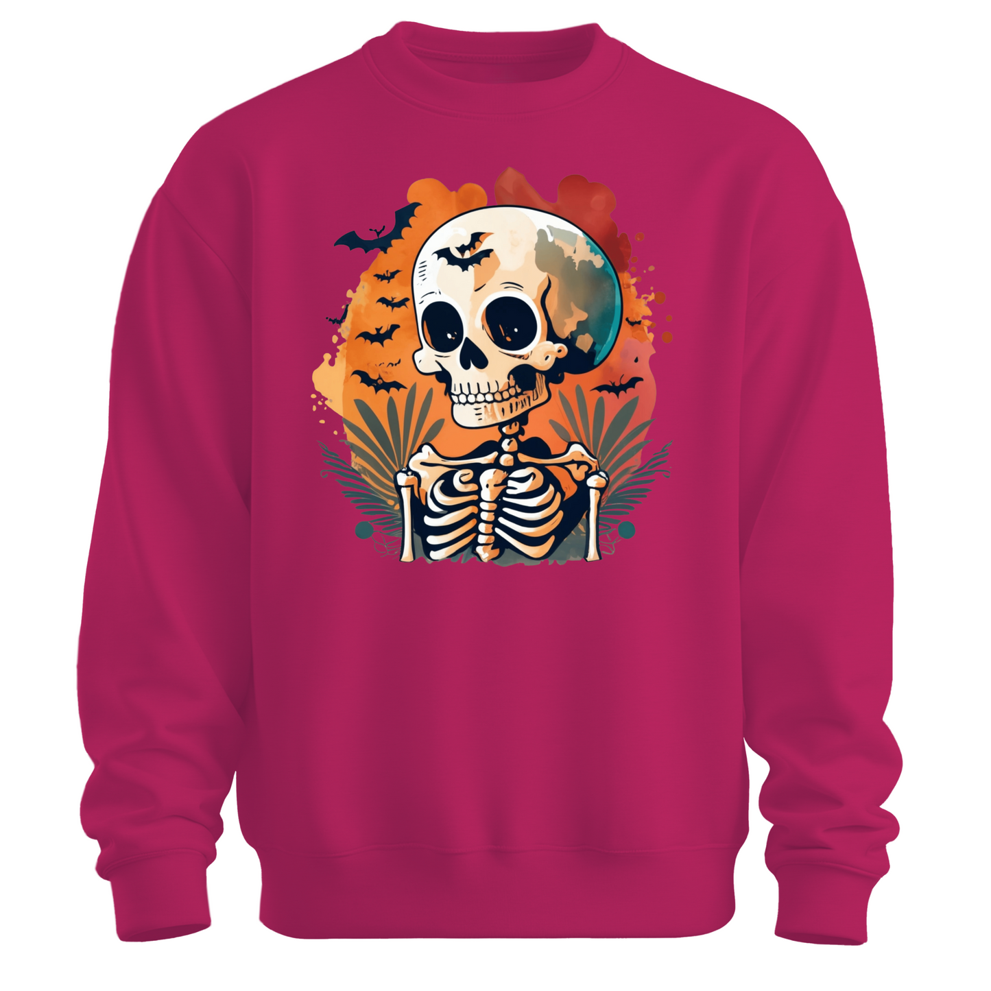 Pink sweatshirt with a Halloween-themed design featuring a skeleton and skull surrounded with bats.
