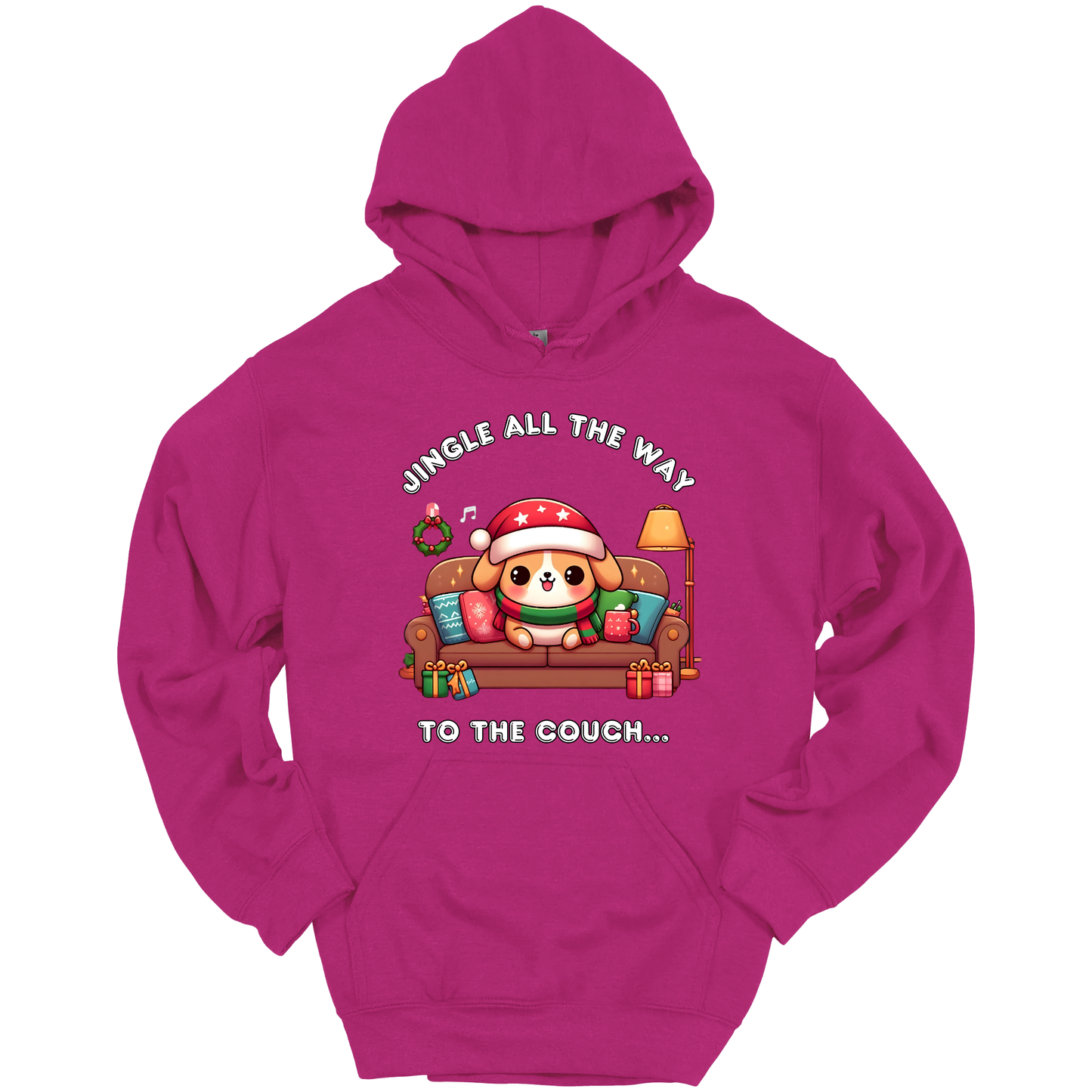 Pink hoodie with Christmas design of a dog on a couch and text 'Jingle all the way to the couch'.