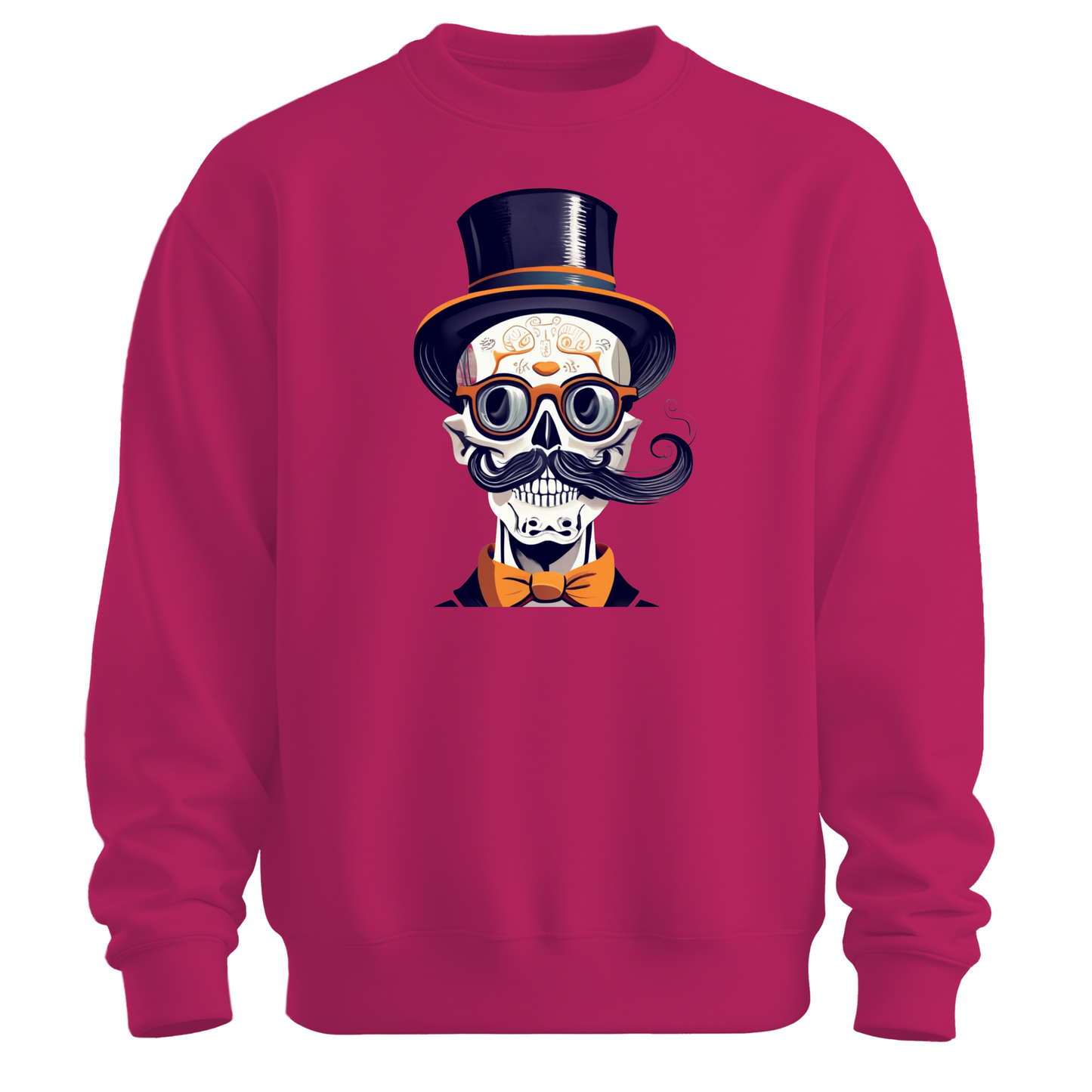 Pink halloween sweatshirt with a skull wearing a top hat, glasses and a bow tie.