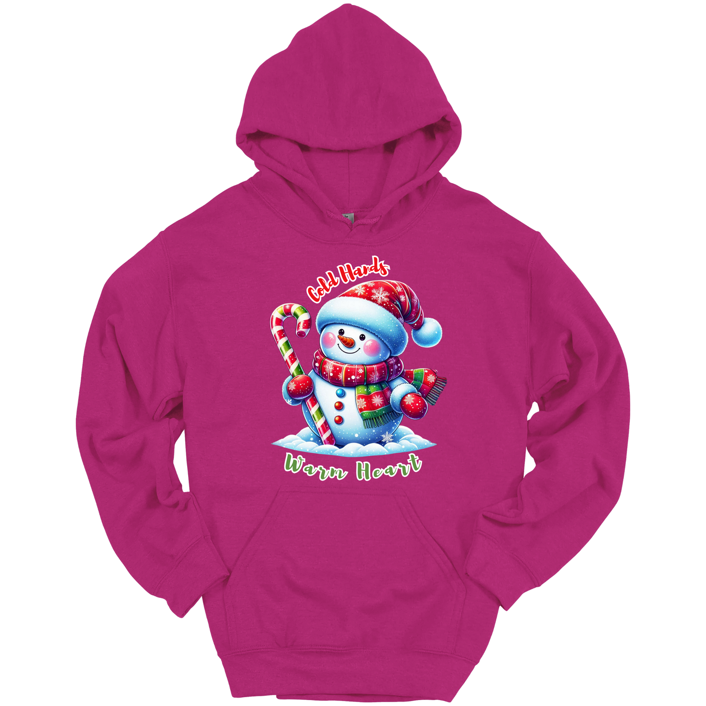 Pink Christmas hoodie with a snowman graphic with a text "Cold Hands Warm Hearts"