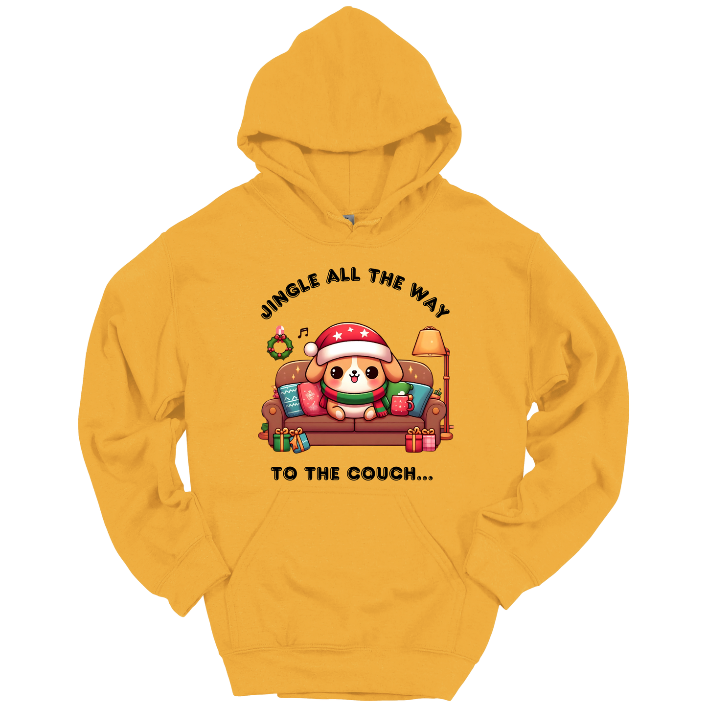 Yellow hoodie with Christmas-themed design of a dog on a couch and text 'Jingle all the way to the couch'.