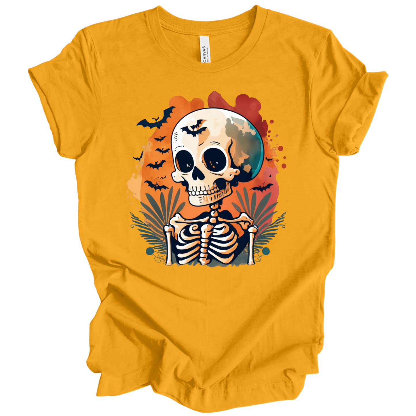 Yellow t-shirt with a Halloween-themed design featuring a skeleton and skull surrounded with bats.