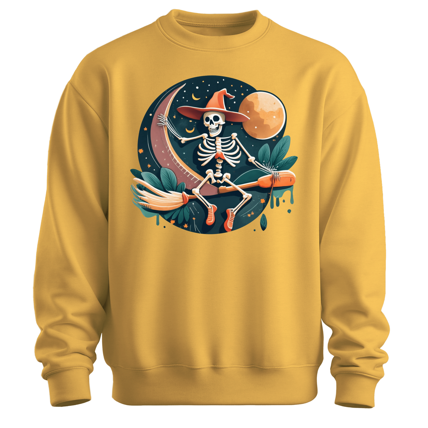 Yellow halloween sweatshirt with a skeleton on a broomstick wearing a witch hat in the night time.