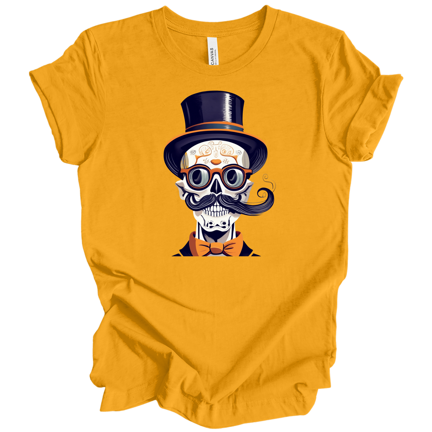 Yellow halloween t-shirt with a skull wearing a top hat, glasses, and bow tie.