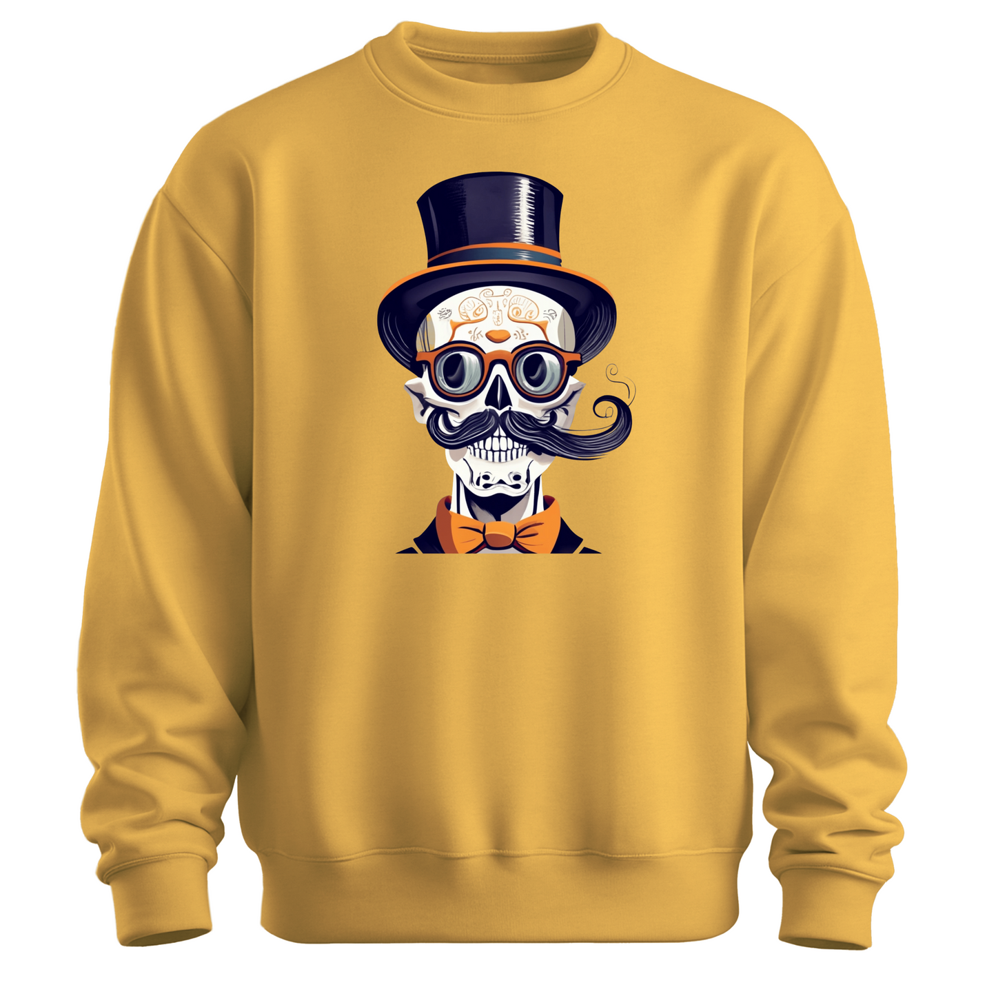 Yellow halloween sweatshirt with a skull wearing a top hat, glasses and a bow tie.