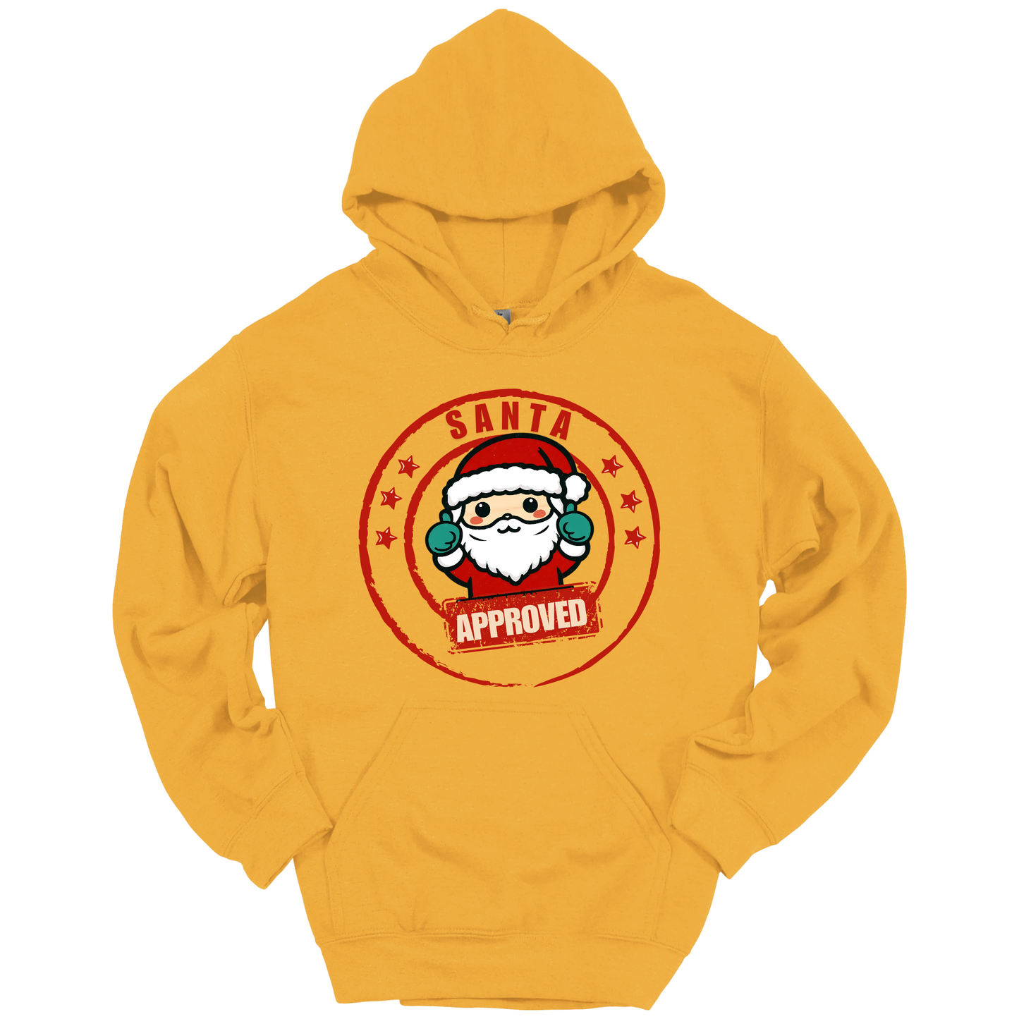 Yellow Christmas hoodie with a Santa Claus graphic and 'Approved' text.