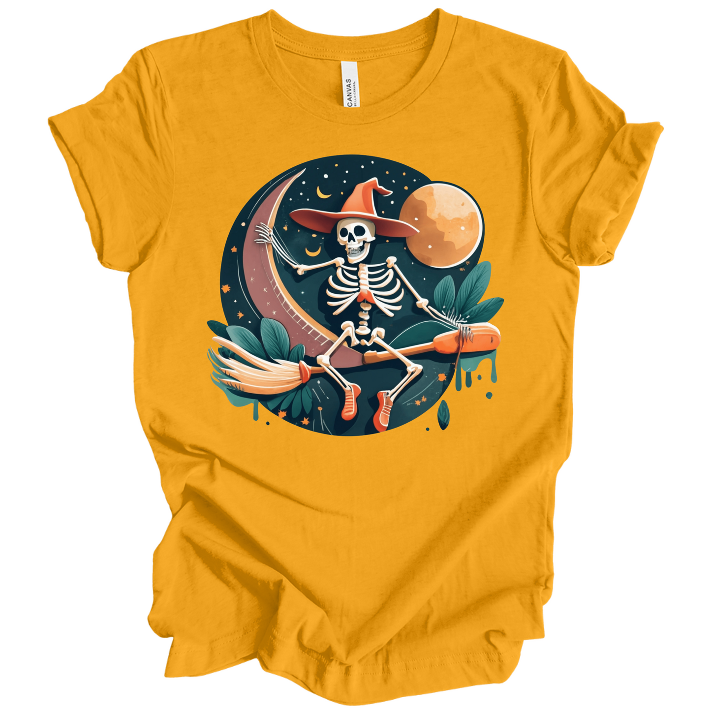 Yellow halloween t-shirt with a skeleton on a broomstick wearing a witch hat in the night time.