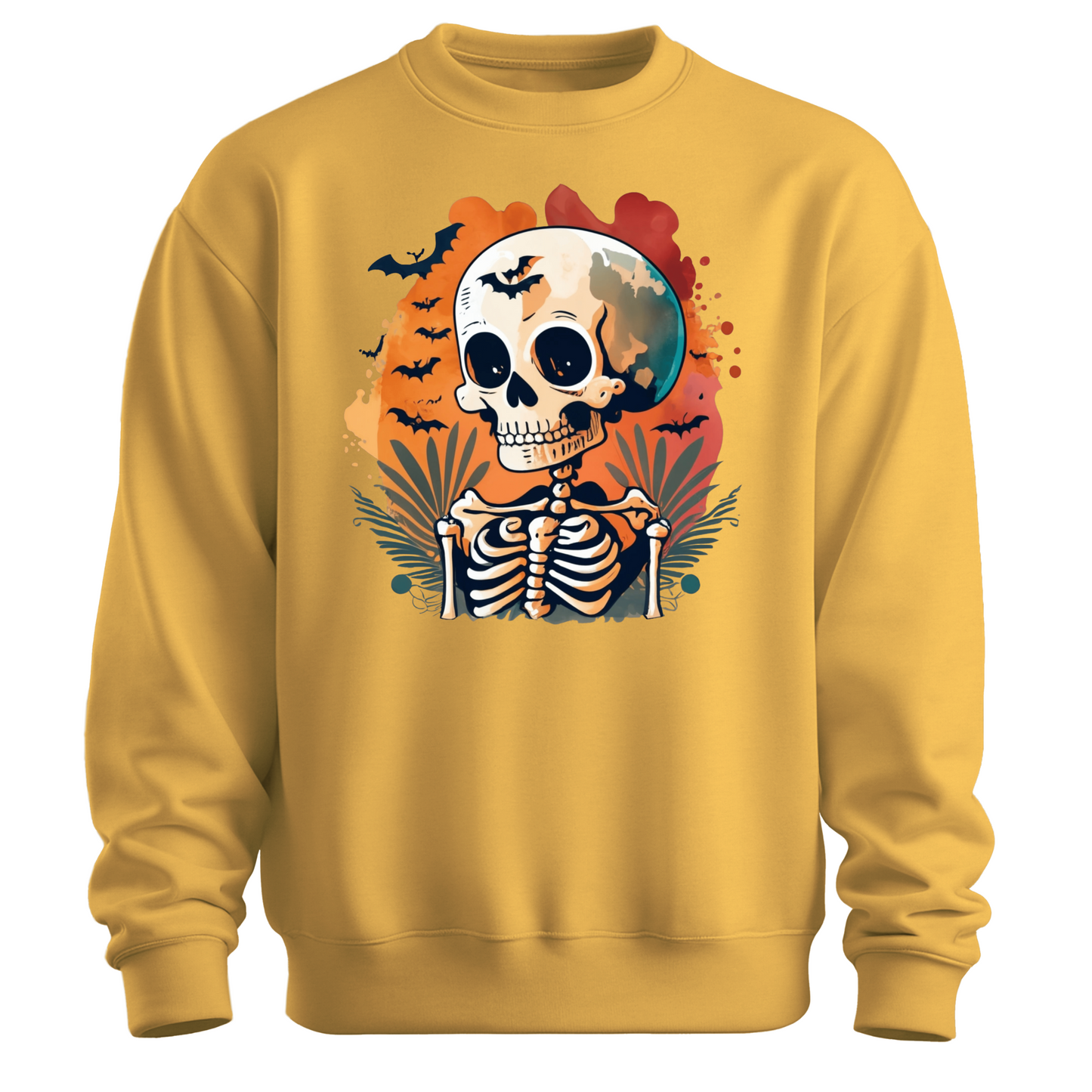 Yellow sweatshirt with a Halloween-themed design featuring a skeleton and skull surrounded with bats.