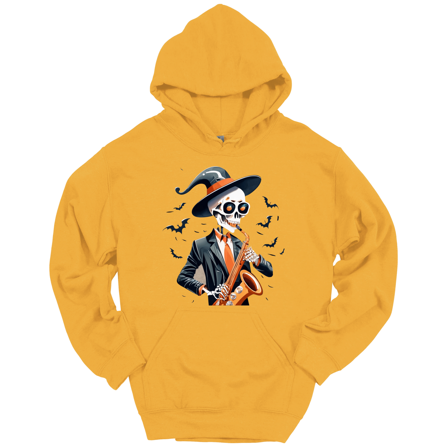 Yellow halloween hoodie with a skeleton playing a saxophone and wearing a witch hat, surrounded by bats.