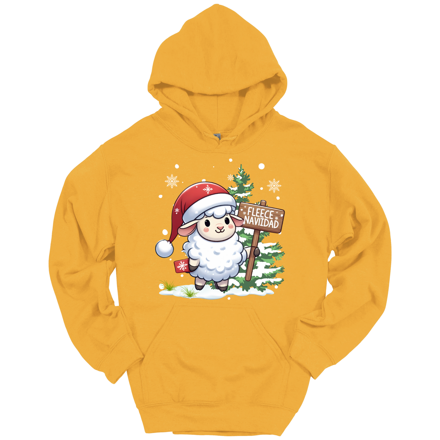 Yellow Christmas hoodie with a Christmas-themed design featuring a sheep in a Santa hat and a sign.