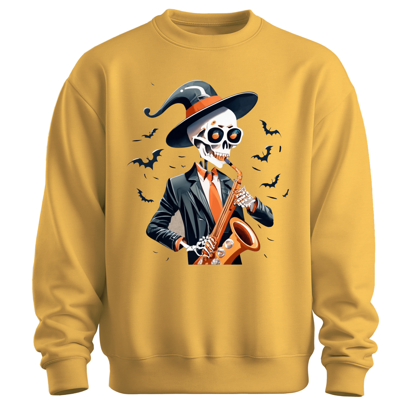 Yellow halloween sweatshirt with a skeleton playing a saxophone and wearing a witch hat, surrounded by bats.