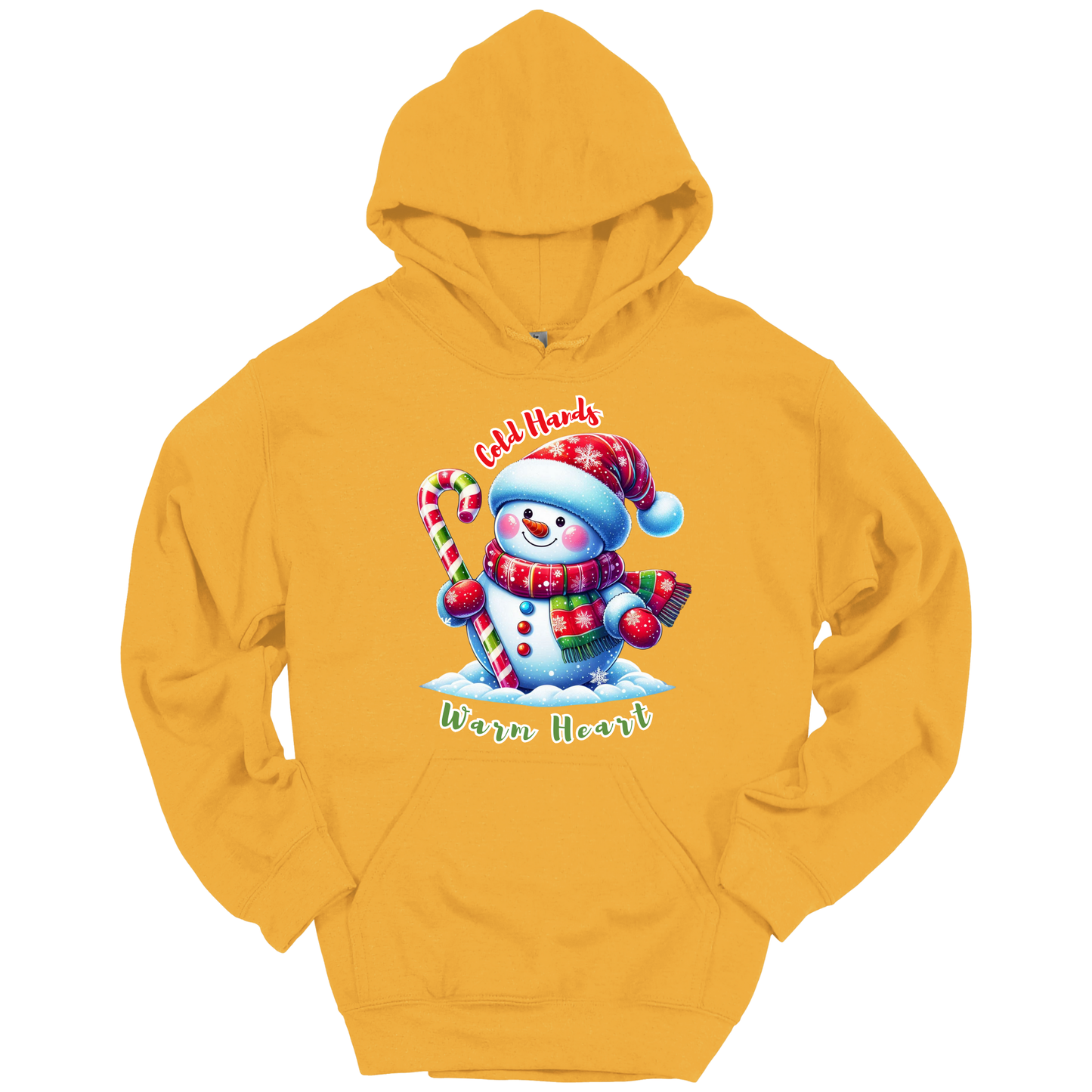 Yellow Christmas hoodie with a snowman graphic with a text "Cold Hands Warm Hearts"