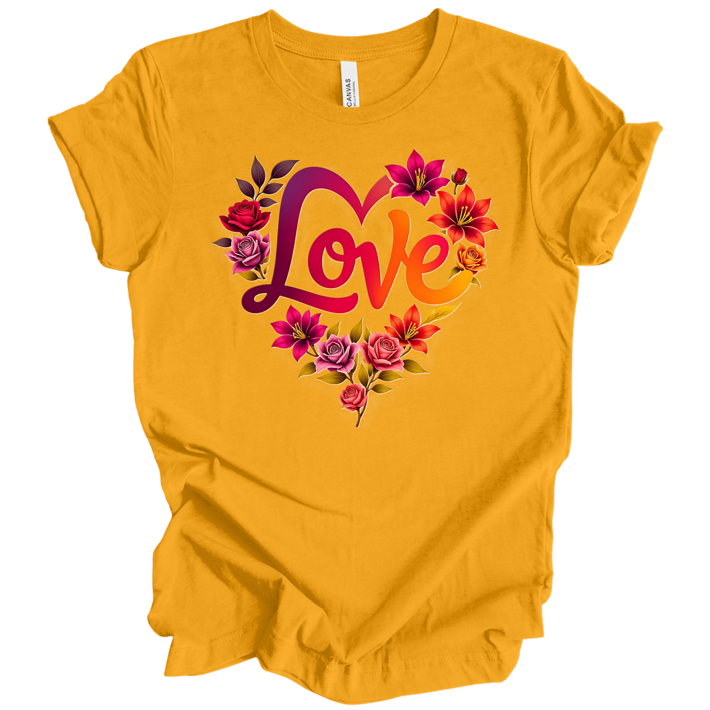 Gold colour valentines day t-shirt with the a design of 'Love' wording and surrounded floral design, front printed.
