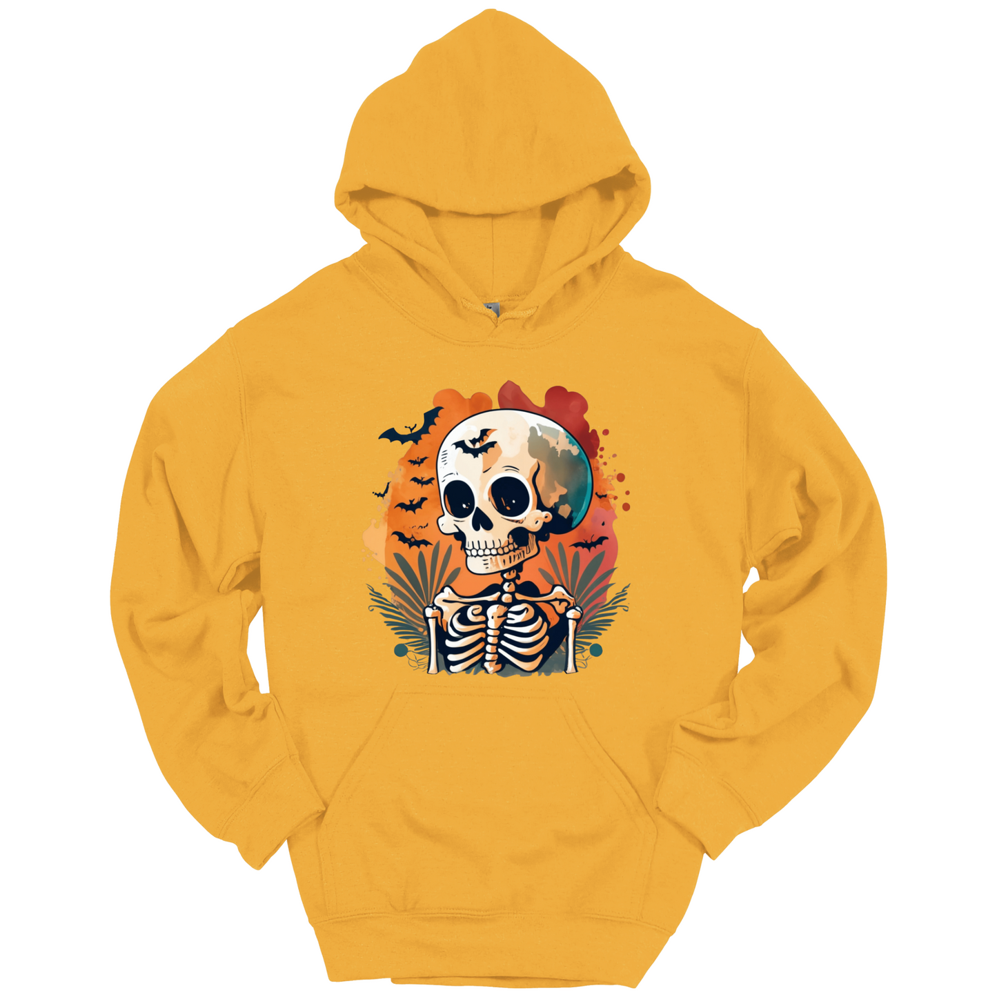 Yellow hoodie with a Halloween-themed design featuring a skull and skeleton surrounded with bats.