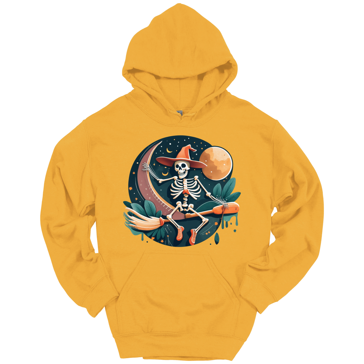 Yellow halloween hoodie with a skeleton on a broomstick wearing a witch hat in the night time.