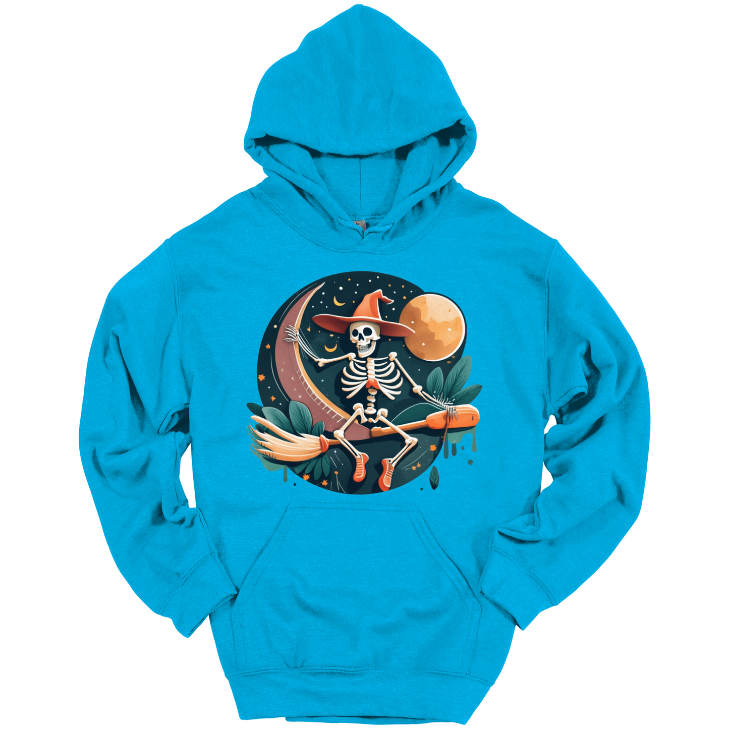 Blue halloween hoodie with a skeleton on a broomstick wearing a witch hat in the night time.