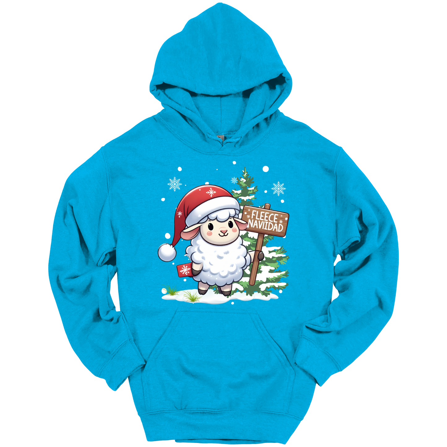 Blue Christmas hoodie with a Christmas-themed design featuring a sheep in a Santa hat and a sign.