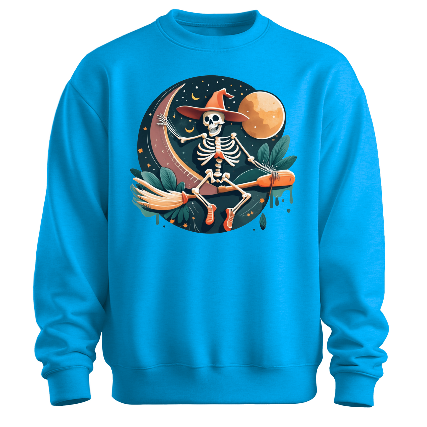 Blue halloween sweatshirt with a skeleton on a broomstick wearing a witch hat in the night time.