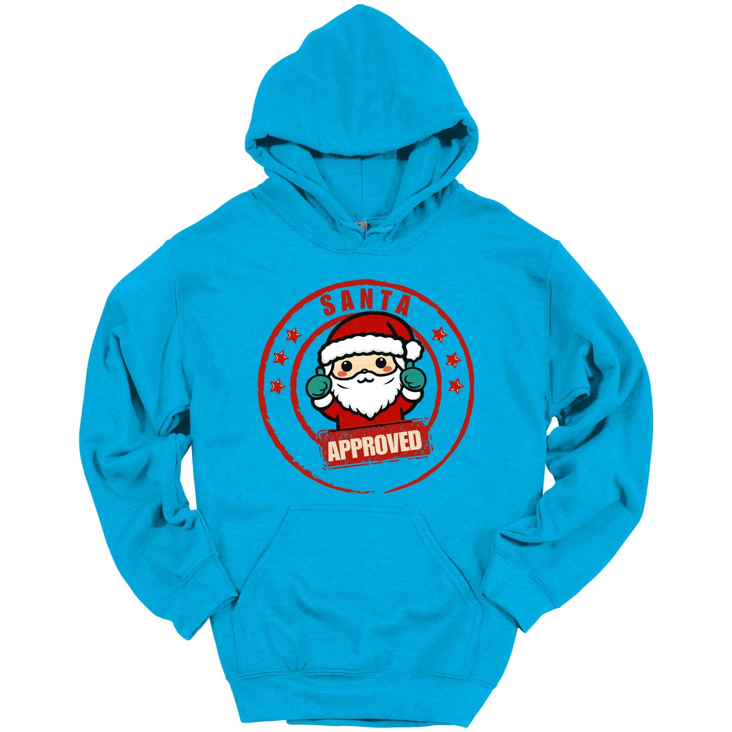 Blue Christmas hoodie with a Santa Claus graphic and 'Approved' text.
