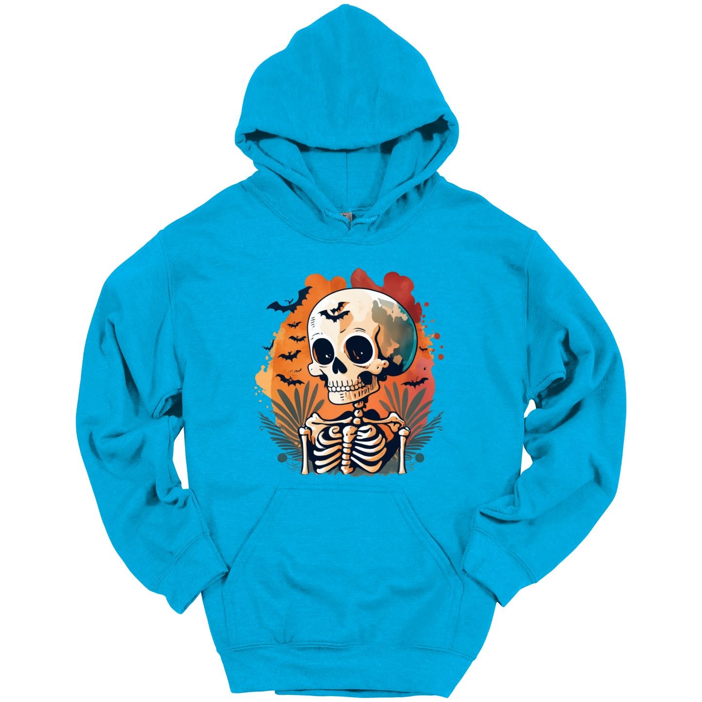 Blue hoodie with a Halloween-themed design featuring a skull and skeleton surrounded with bats.