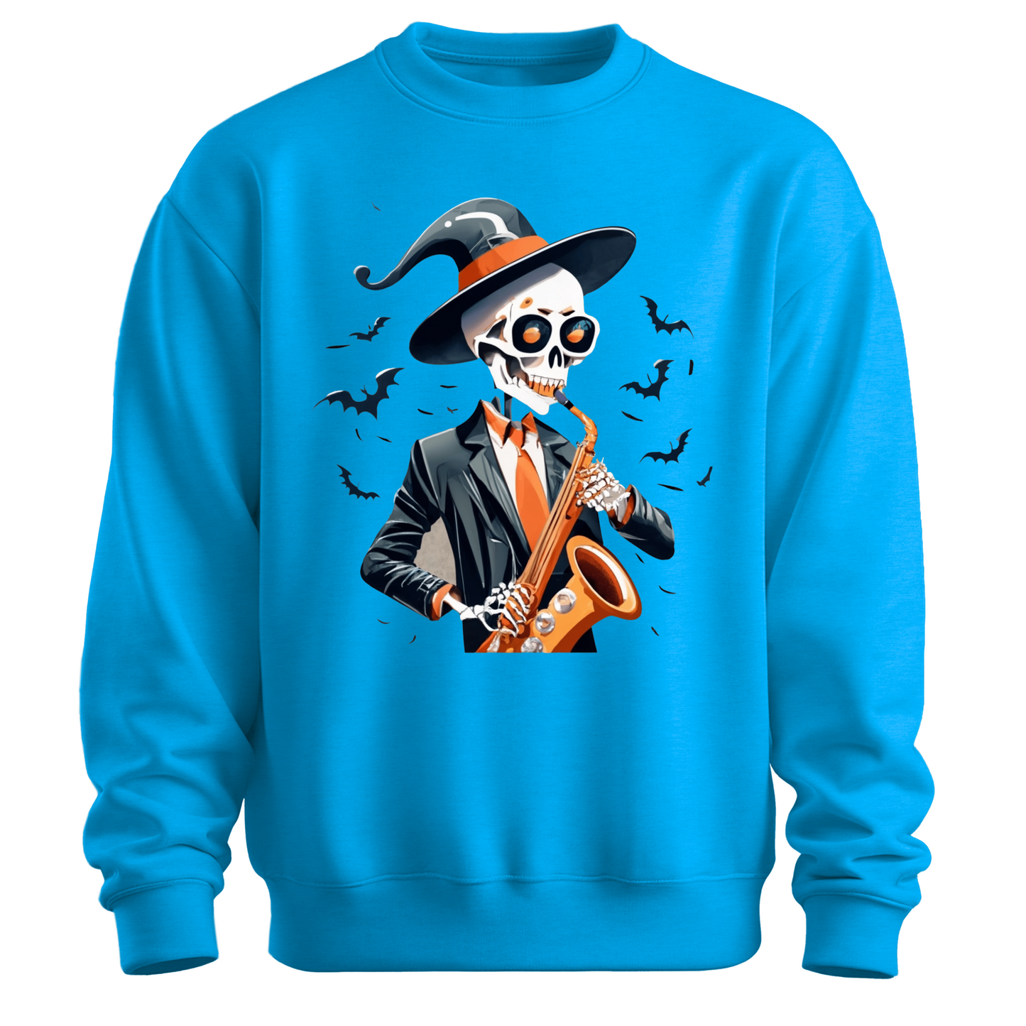 Blue halloween sweatshirt with a skeleton playing a saxophone and wearing a witch hat, surrounded by bats.