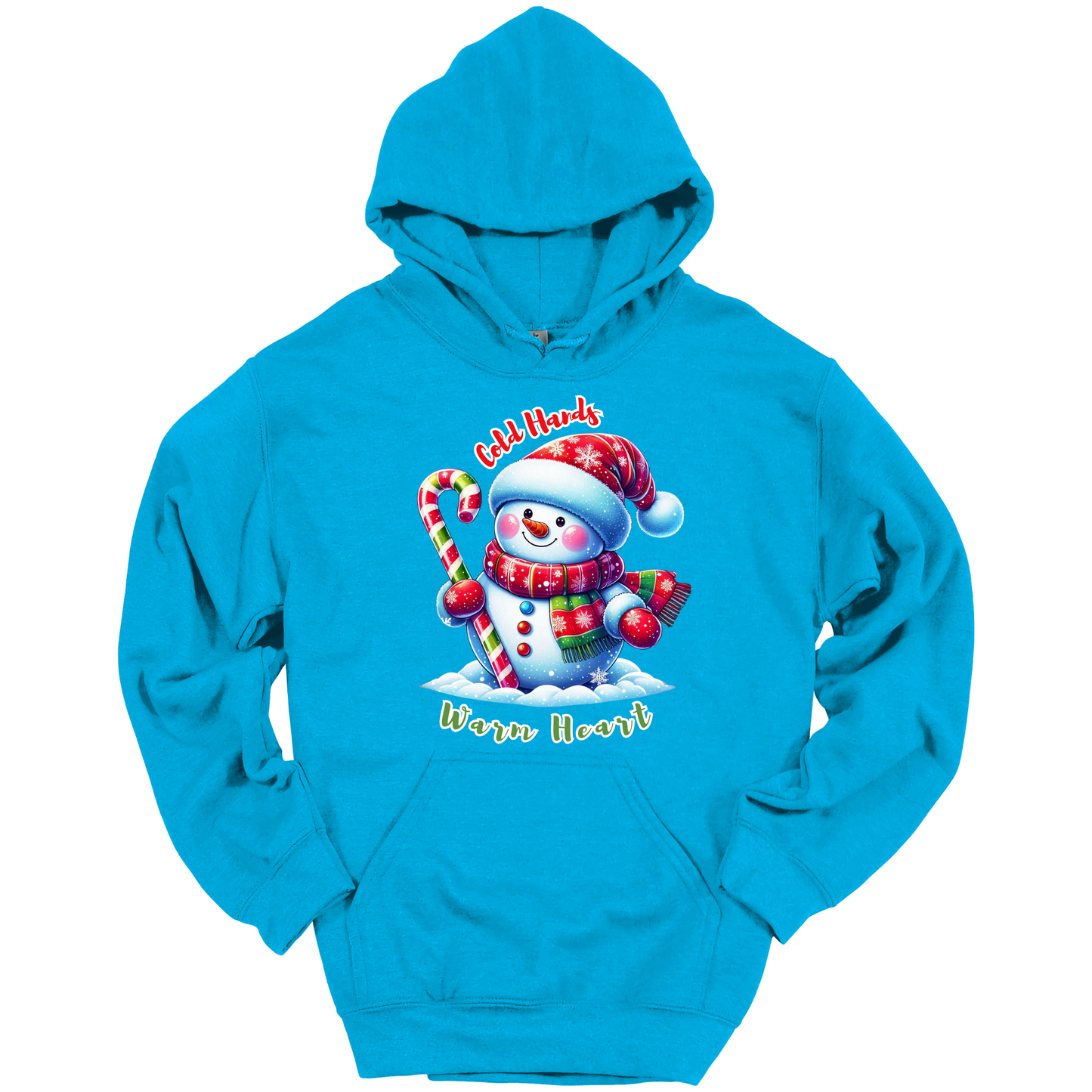 Blue Christmas hoodie with a snowman graphic with a text "Cold Hands Warm Hearts"