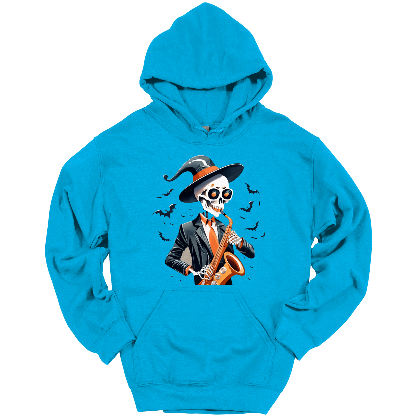 Blue halloween hoodie with a skeleton playing a saxophone and wearing a witch hat, surrounded by bats.