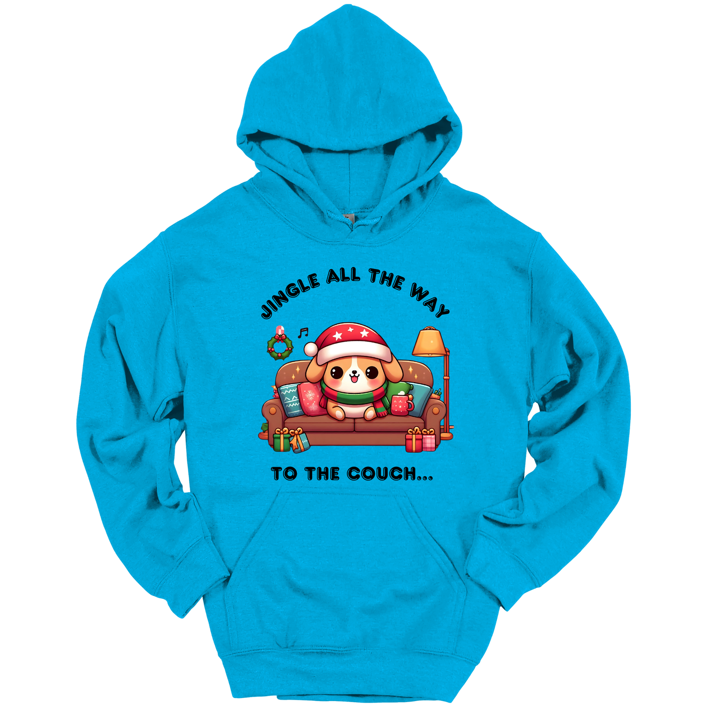 Blue hoodie with a Christmas-themed design of a dog on a couch and text 'Jingle all the way to the couch'.