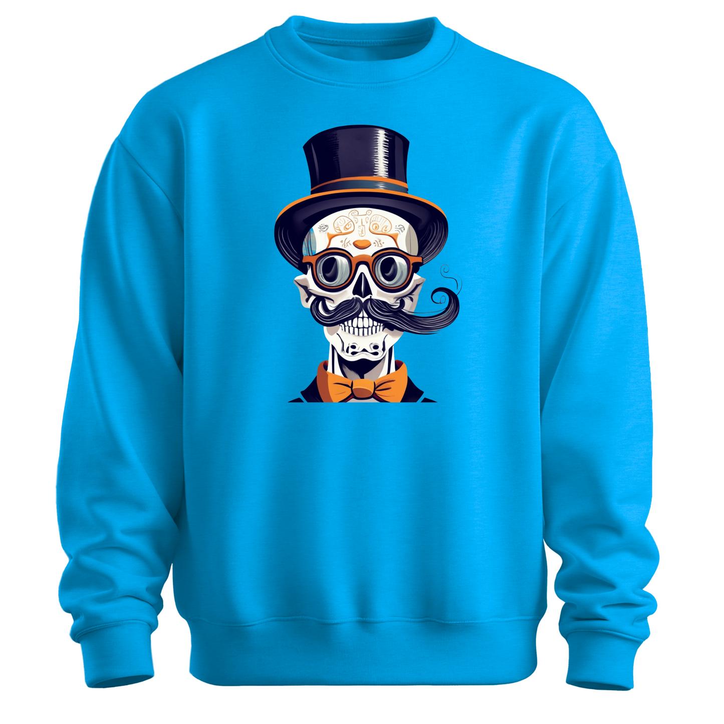 Blue halloween sweatshirt with a skull wearing a top hat, glasses and a bow tie.