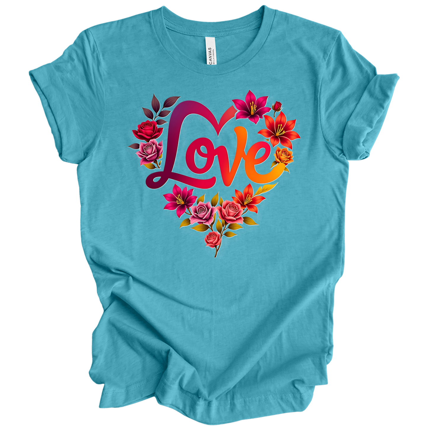 Heather Aqua colour valentines day t-shirt with the a design of 'Love' wording and surrounded floral design, front printed.